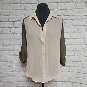 Cream & Olive Green Sheer Open Back Blouse - Small